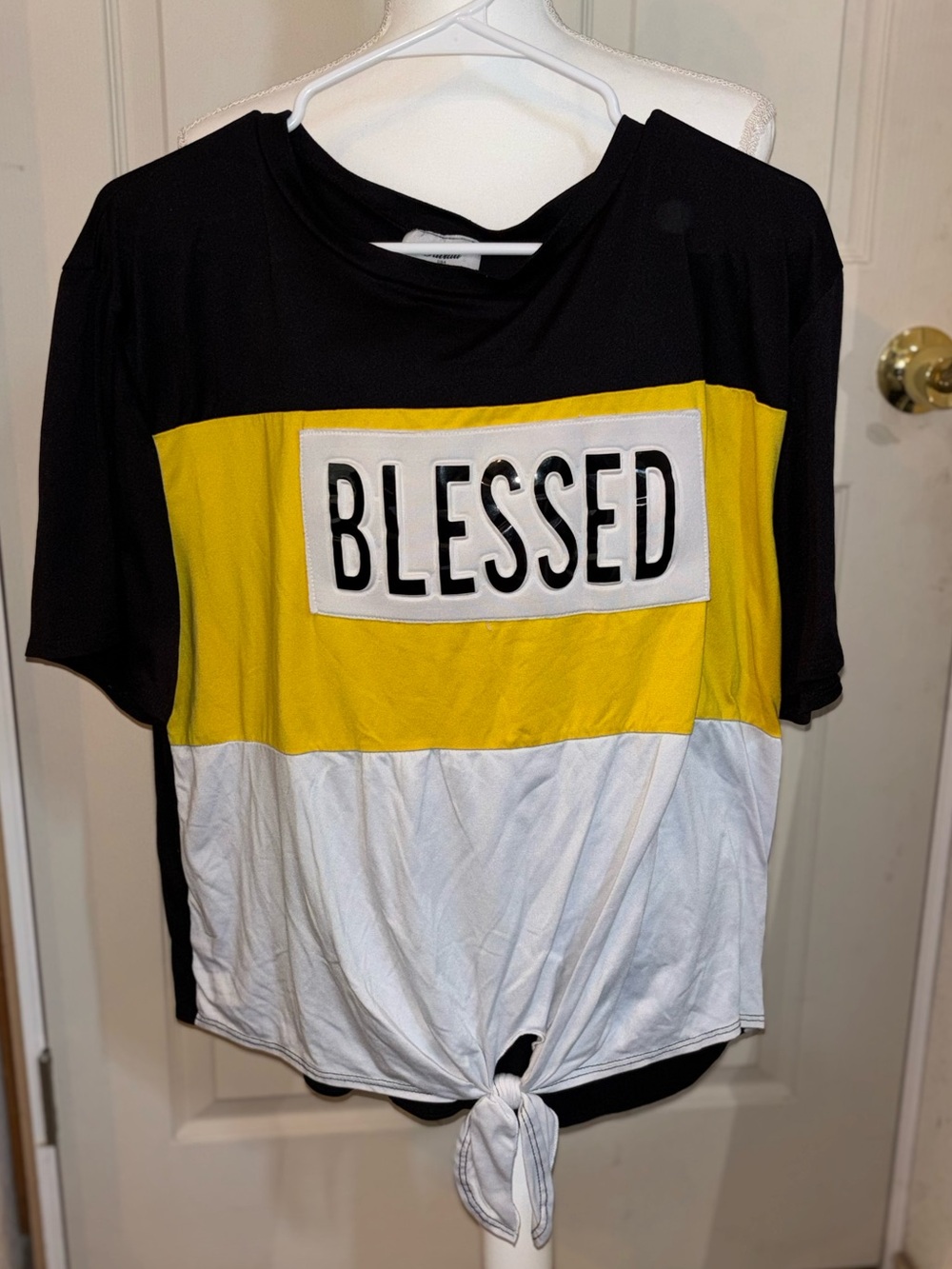 BLESSED Colorblock Tie-Front Tee - Black, Yellow & White